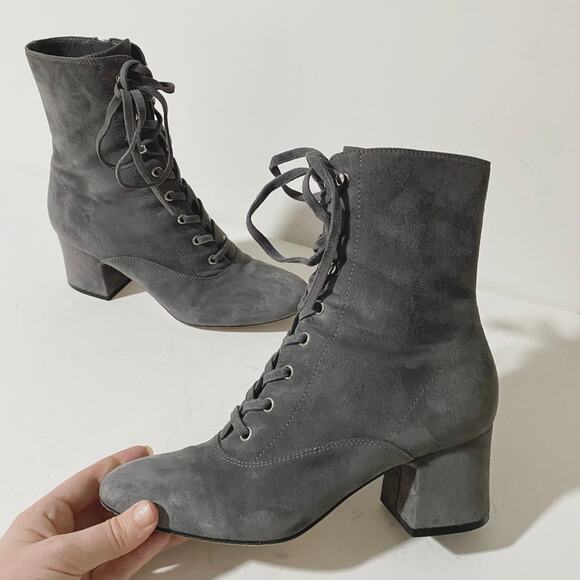 Gianvito Rossi Gray Suede Lace Up Boots Mackay Low Block Heel Ankle Zip sz 38 - Picture 5 of 13